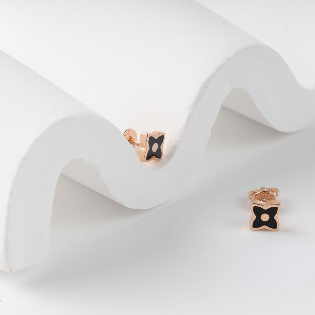 Four-Leaf Clover Stud Earrings 14K (585) Rose Gold with Black Enamel | Ukrainian Jewelry