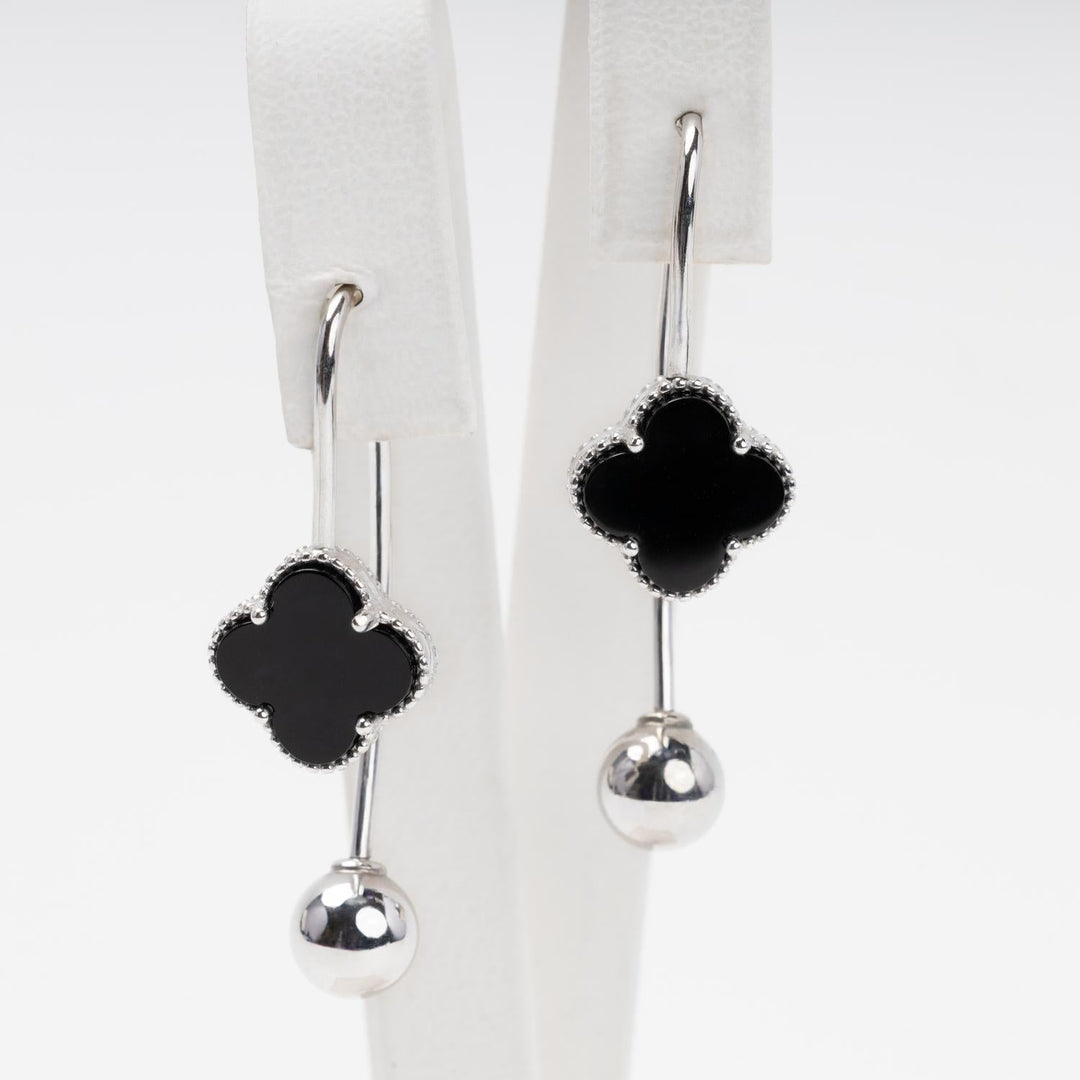 Rhodium-Plated Silver 925 Drop Earrings with Black Onyx Clover | Ukrainian Jewelry