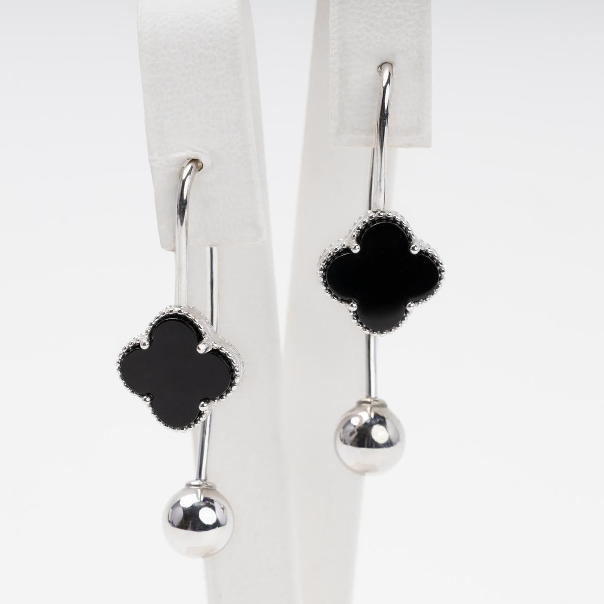 Rhodium-Plated Silver 925 Drop Earrings with Black Onyx Clover | Ukrainian Jewelry