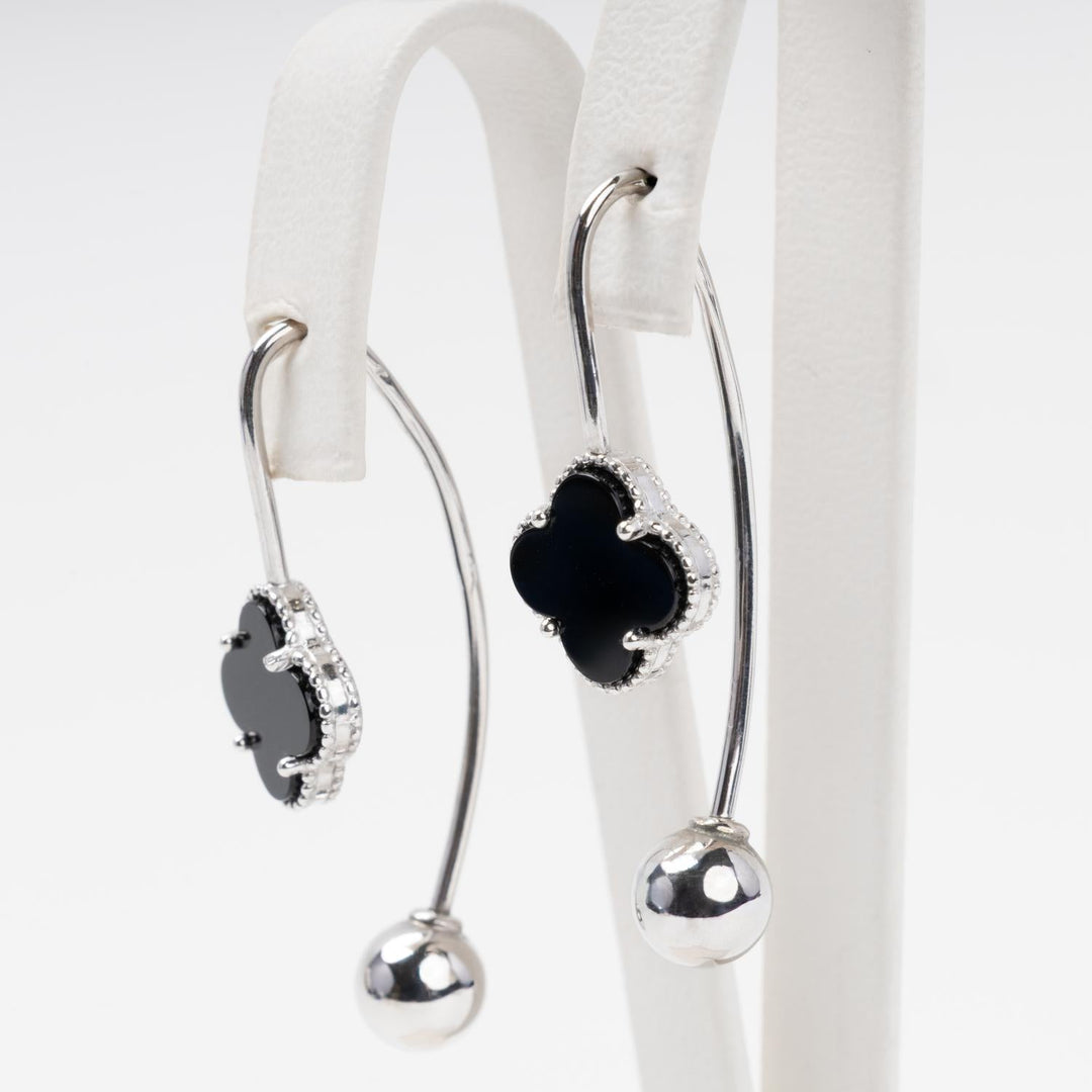 Rhodium-Plated Silver 925 Drop Earrings with Black Onyx Clover | Ukrainian Jewelry