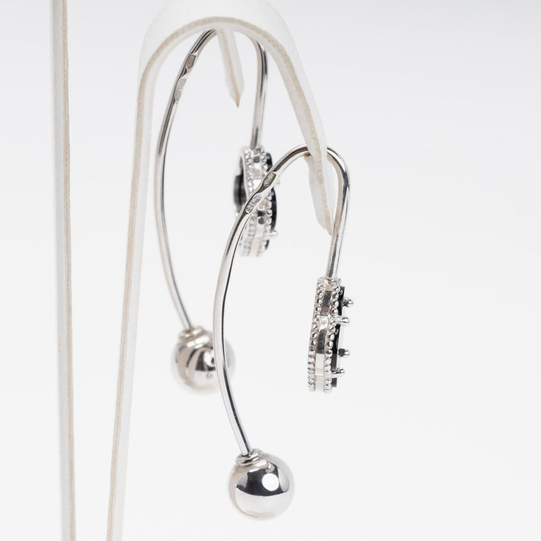 Rhodium-Plated Silver 925 Drop Earrings with Black Onyx Clover | Ukrainian Jewelry