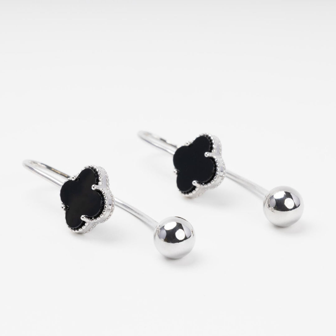 Rhodium-Plated Silver 925 Drop Earrings with Black Onyx Clover | Ukrainian Jewelry