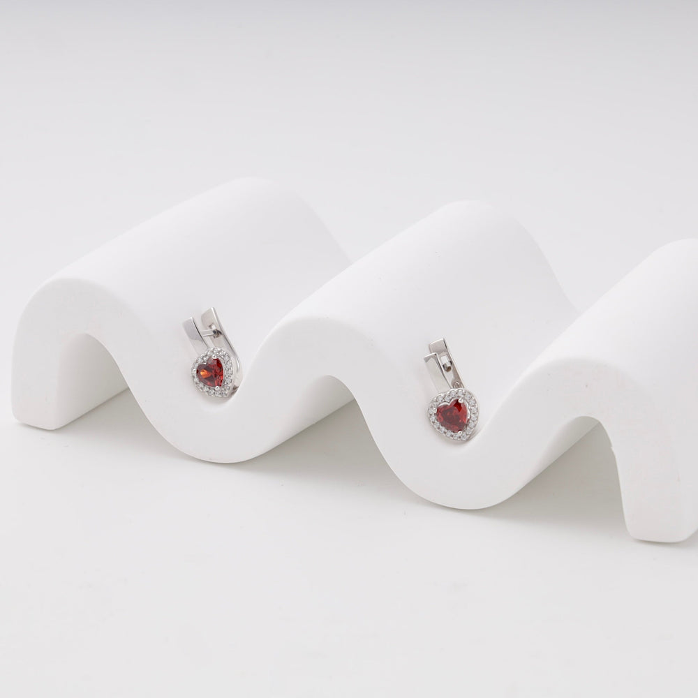 Silver 925 Heart Halo Earrings with Red Cubic Zirconia | Ukrainian Jewelry