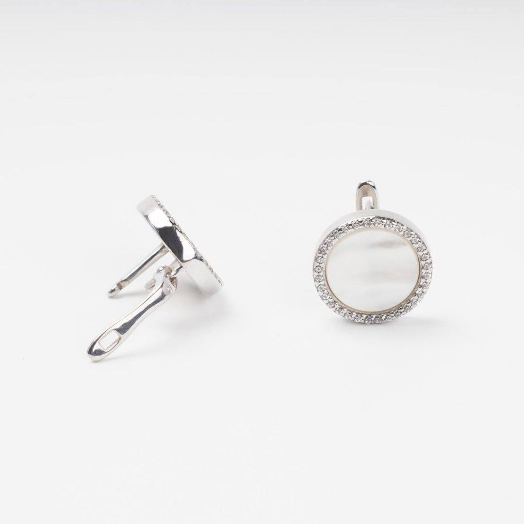 Rhodium-Plated Silver 925 Round Earrings with Mother-of-Pearl and Cubic Zirconia | Ukrainian Jewelry