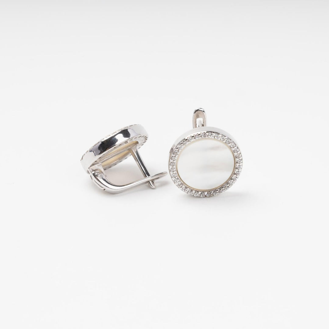 Rhodium-Plated Silver 925 Round Earrings with Mother-of-Pearl and Cubic Zirconia | Ukrainian Jewelry