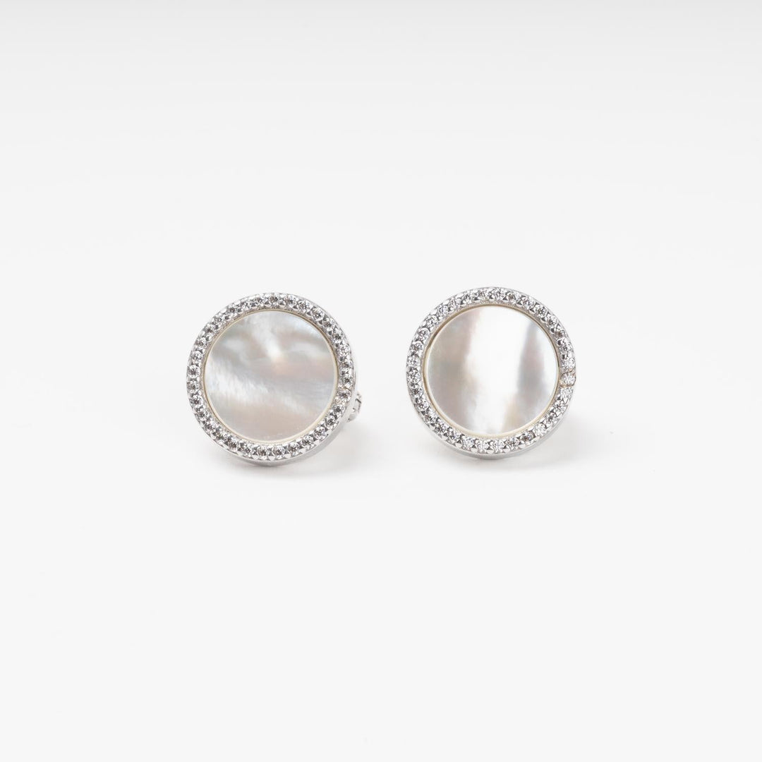 Rhodium-Plated Silver 925 Round Earrings with Mother-of-Pearl and Cubic Zirconia | Ukrainian Jewelry