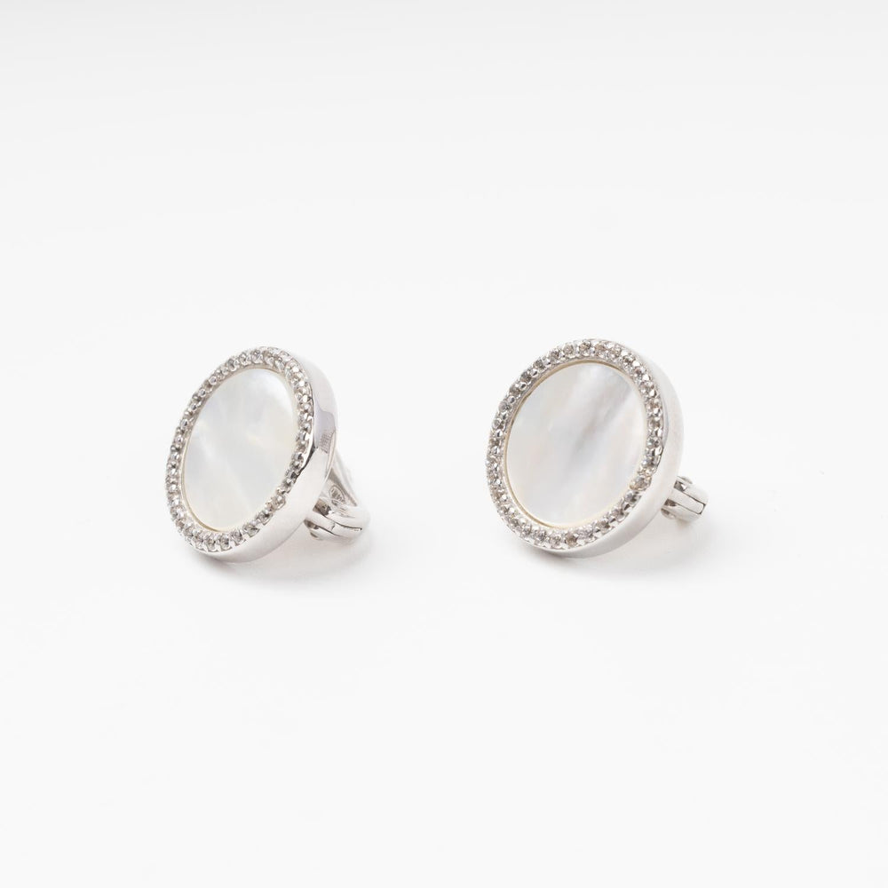 Rhodium-Plated Silver 925 Round Earrings with Mother-of-Pearl and Cubic Zirconia | Ukrainian Jewelry