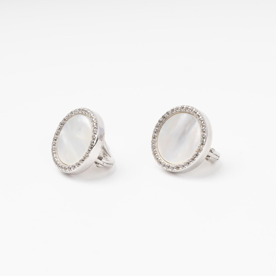 Rhodium-Plated Silver 925 Round Earrings with Mother-of-Pearl and Cubic Zirconia | Ukrainian Jewelry