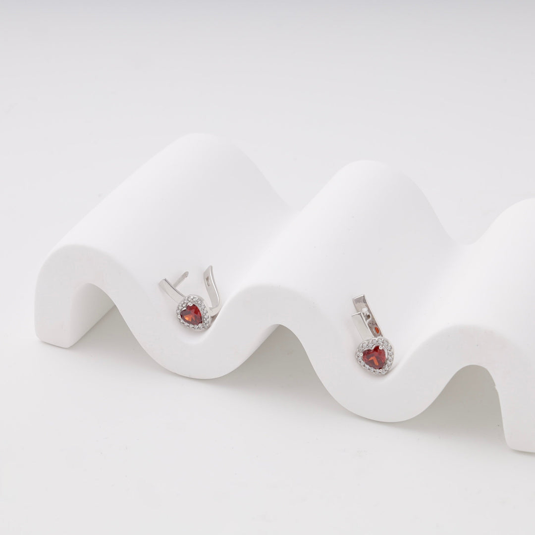 Silver 925 Heart Halo Earrings with Red Cubic Zirconia | Ukrainian Jewelry