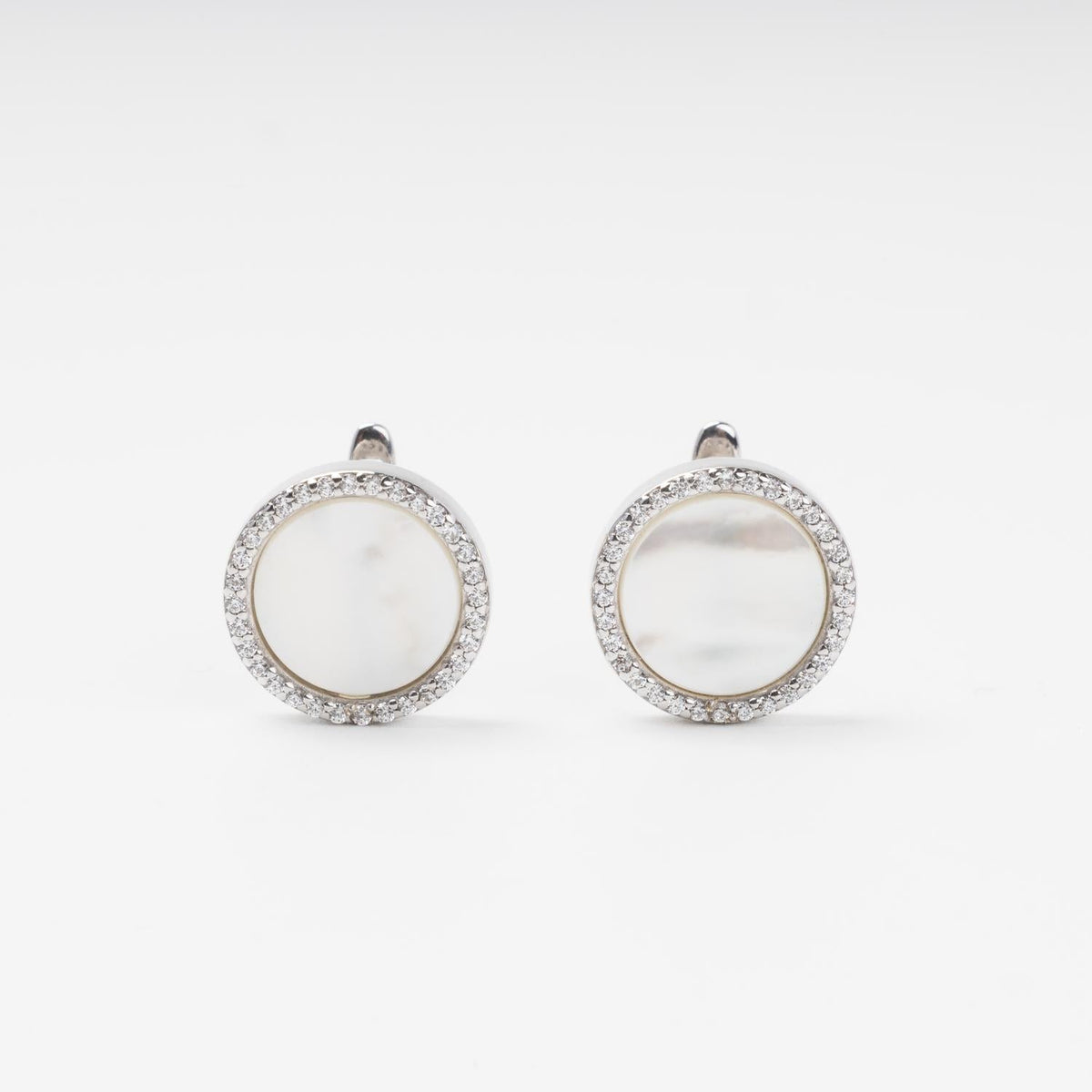 Rhodium-Plated Silver 925 Round Earrings with Mother-of-Pearl and Cubic Zirconia | Ukrainian Jewelry