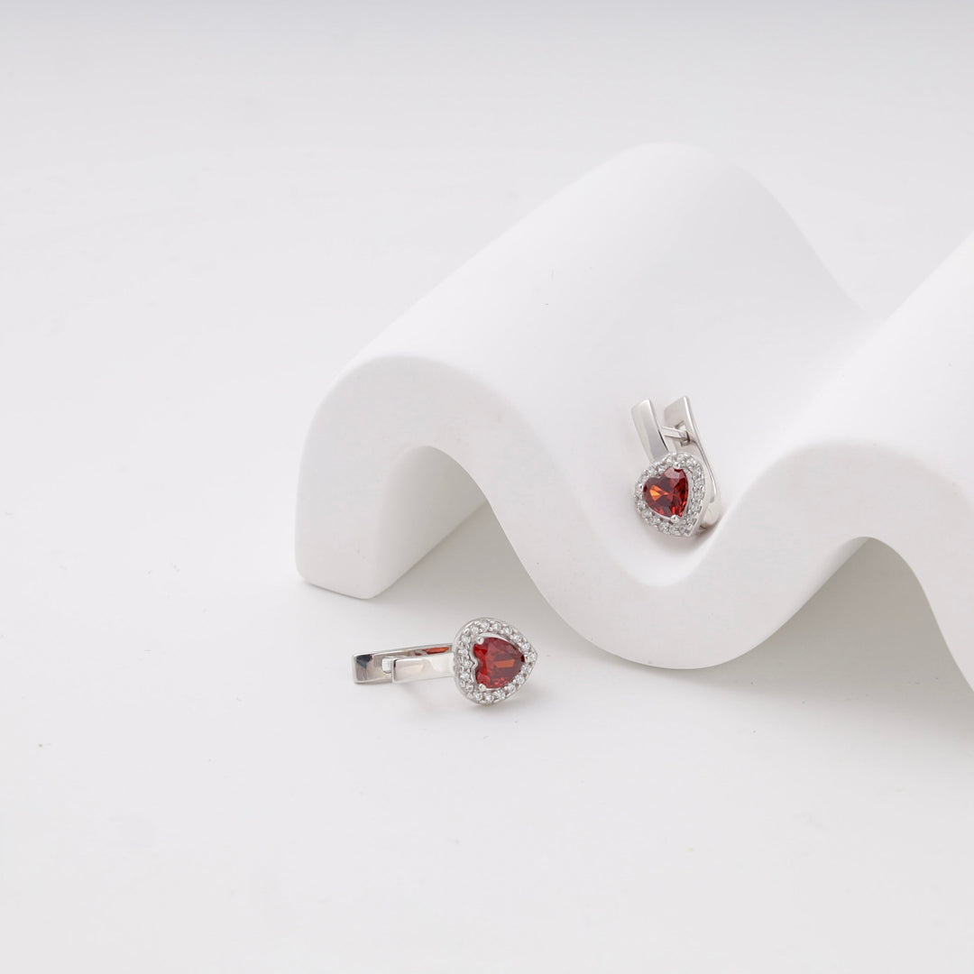 Silver 925 Heart Halo Earrings with Red Cubic Zirconia | Ukrainian Jewelry