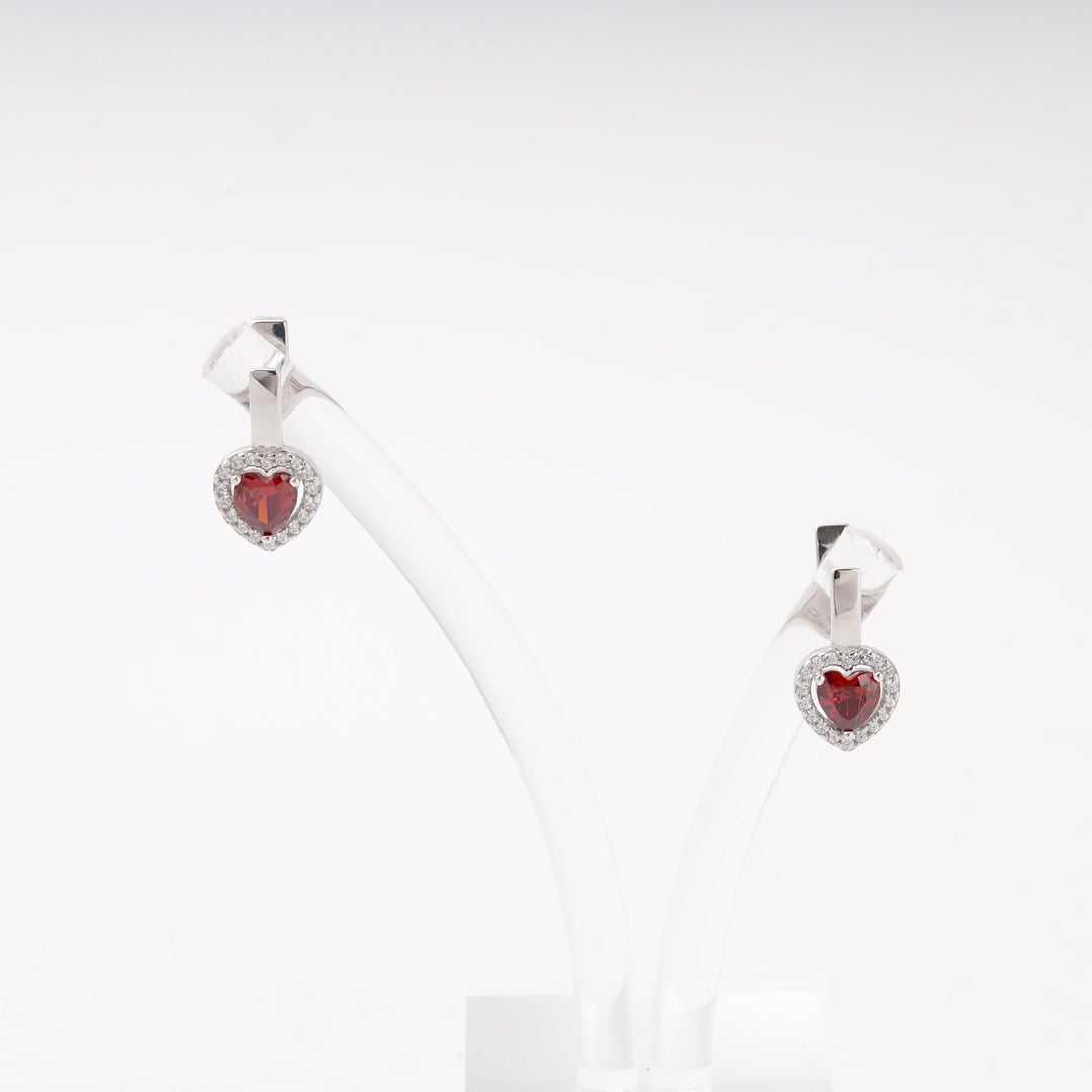 Silver 925 Heart Halo Earrings with Red Cubic Zirconia | Ukrainian Jewelry