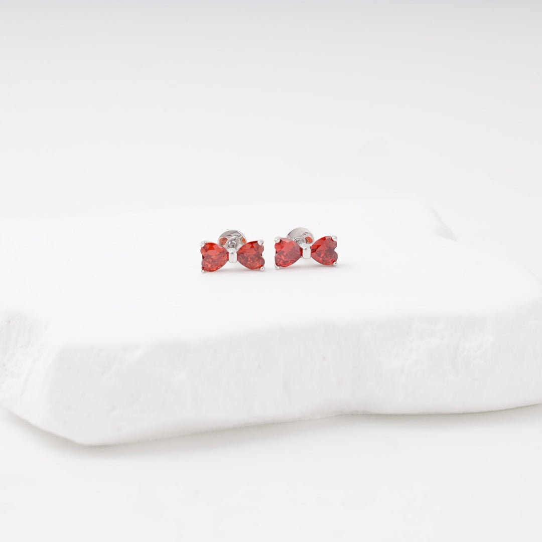 Silver 925 Bow Stud Earrings with Red Cubic Zirconia | Ukrainian Jewelry