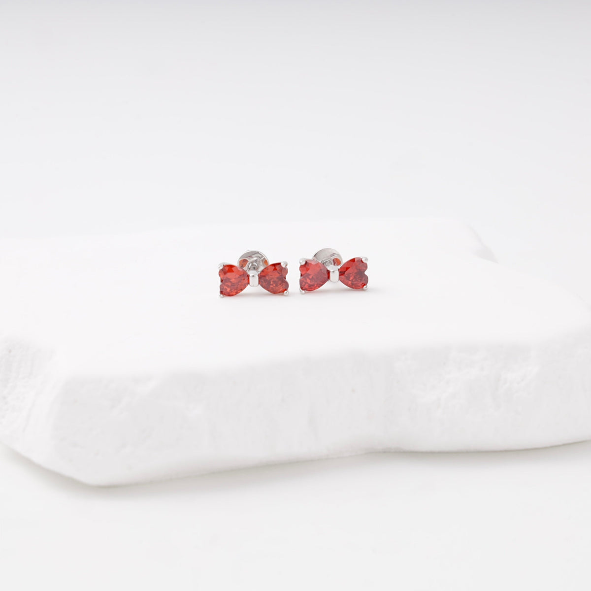 Silver 925 Bow Stud Earrings with Red Cubic Zirconia | Ukrainian Jewelry