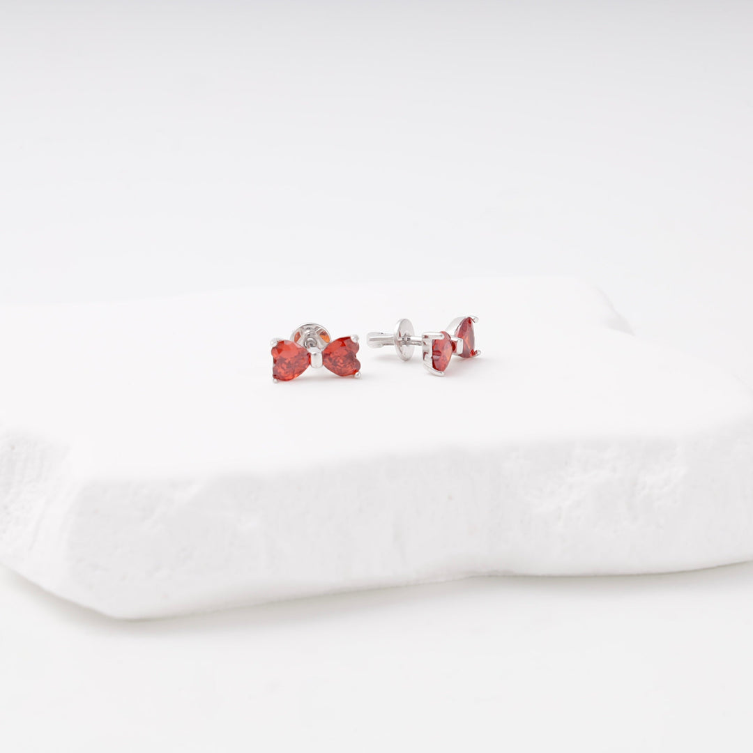 Silver 925 Bow Stud Earrings with Red Cubic Zirconia | Ukrainian Jewelry