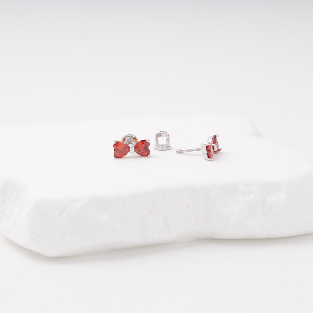 Silver 925 Bow Stud Earrings with Red Cubic Zirconia | Ukrainian Jewelry
