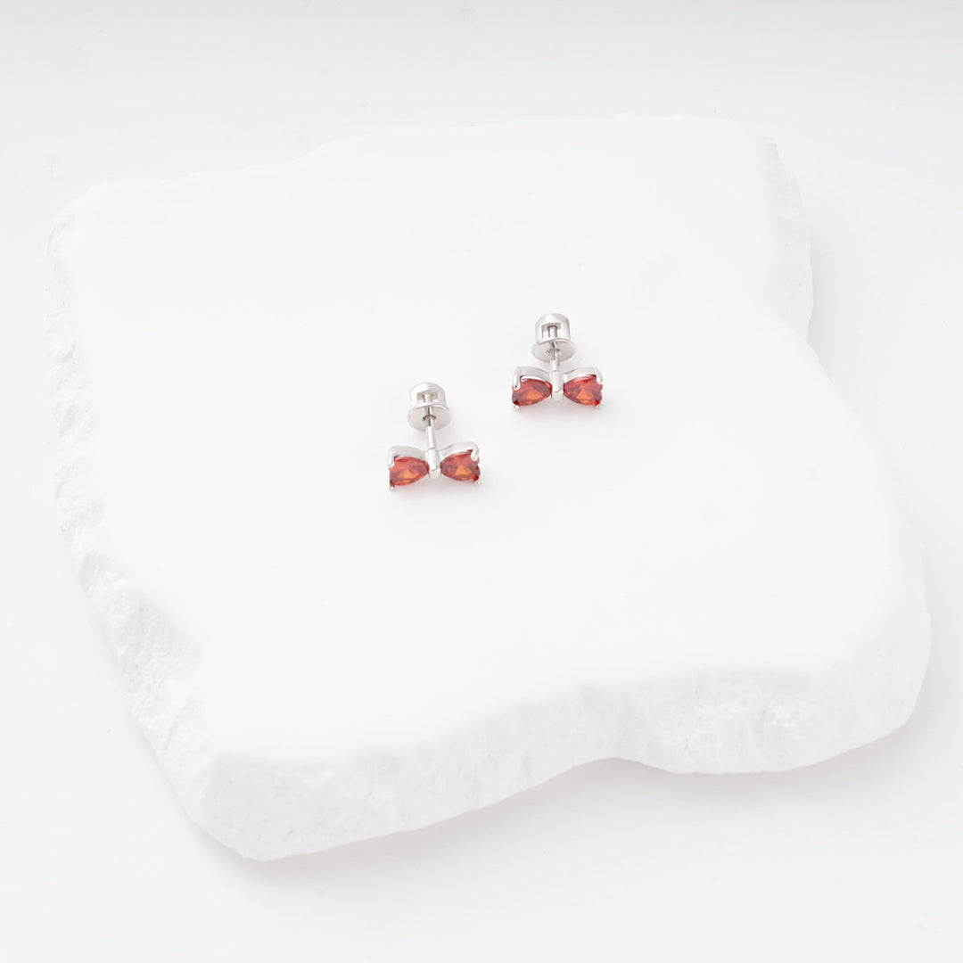 Silver 925 Bow Stud Earrings with Red Cubic Zirconia | Ukrainian Jewelry