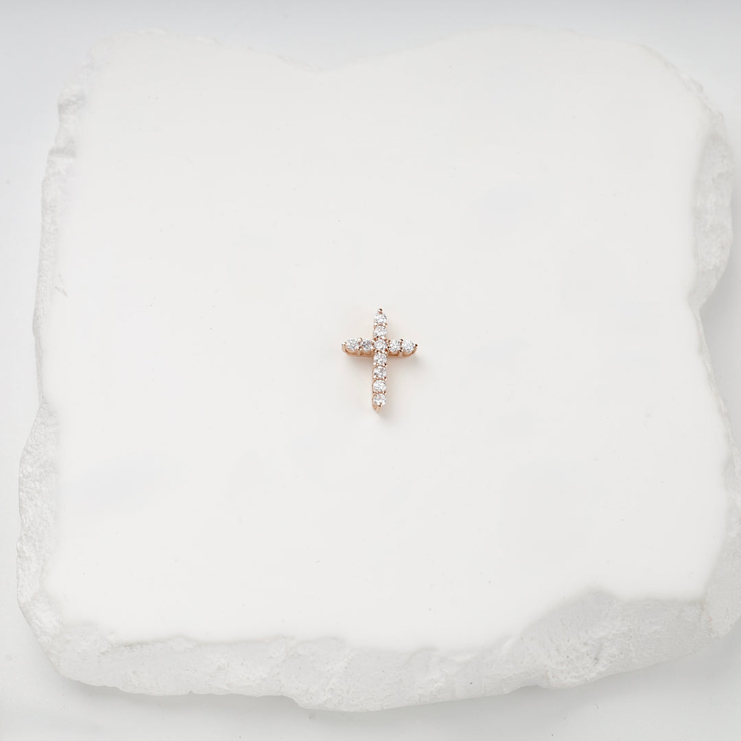 14K rose gold small CZ cross pendant, front detail