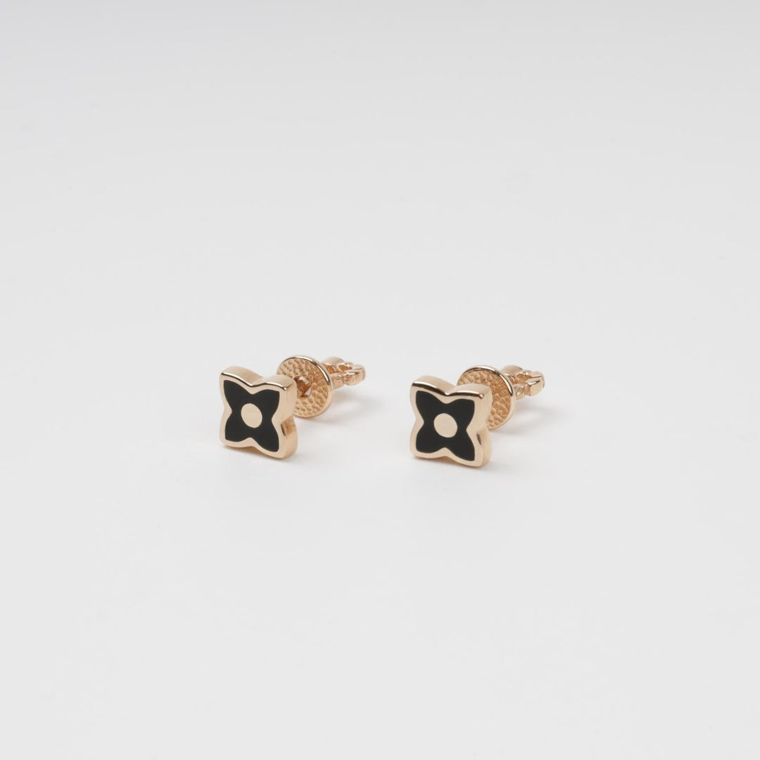 Four-Leaf Clover Stud Earrings 14K (585) Rose Gold with Black Enamel | Ukrainian Jewelry