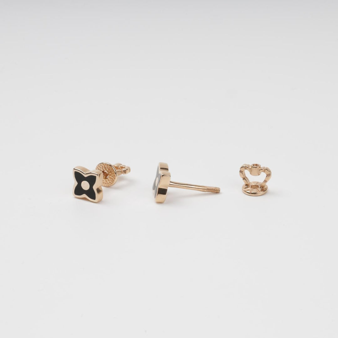 Four-Leaf Clover Stud Earrings 14K (585) Rose Gold with Black Enamel | Ukrainian Jewelry