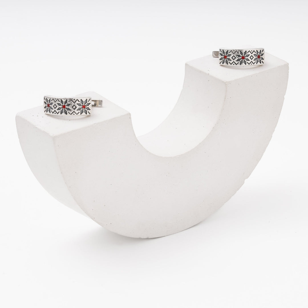 Silver 925 Vyshyvanka Earrings with Red CZ | Ukrainian Jewelry