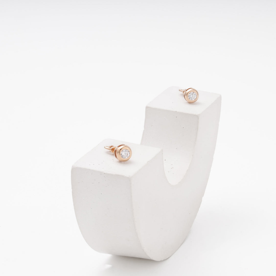 Rose Gold 585 Round Bezel CZ Stud Earrings with Screw Back | Ukrainian Jewelry