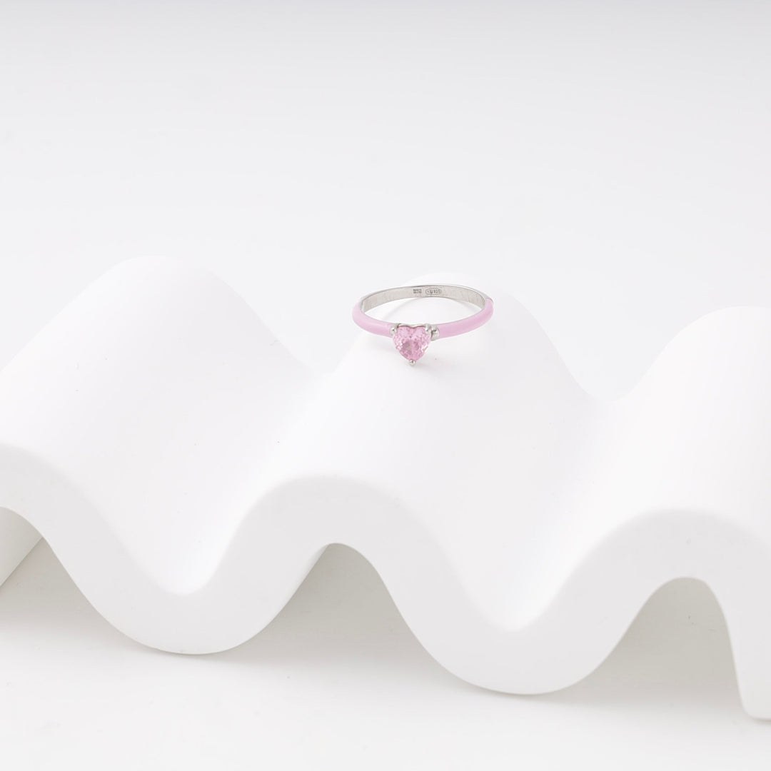 Silver 925 Ring with Pink Heart Cubic Zirconia and Enamel | Ukrainian Jewelry