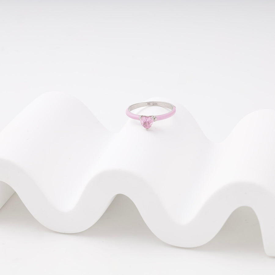 Silver 925 Ring with Pink Heart Cubic Zirconia and Enamel | Ukrainian Jewelry