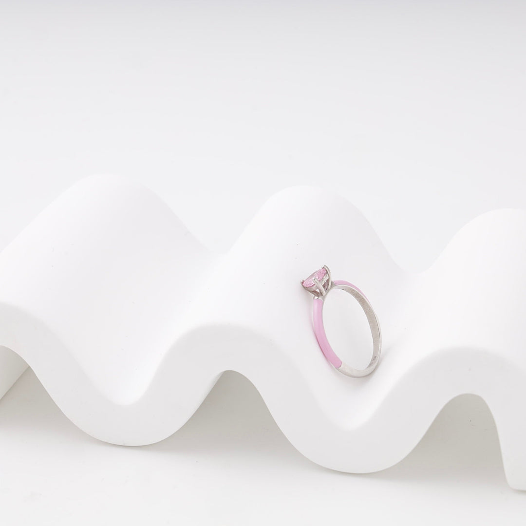 Silver 925 Ring with Pink Heart Cubic Zirconia and Enamel | Ukrainian Jewelry