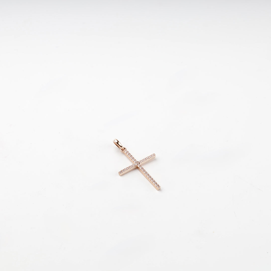 14K rose gold slim CZ cross pendant, front detail