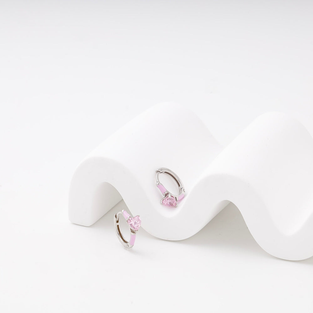 Silver 925 Huggie Earrings with Pink Heart Cubic Zirconia and Enamel | Ukrainian Jewelry