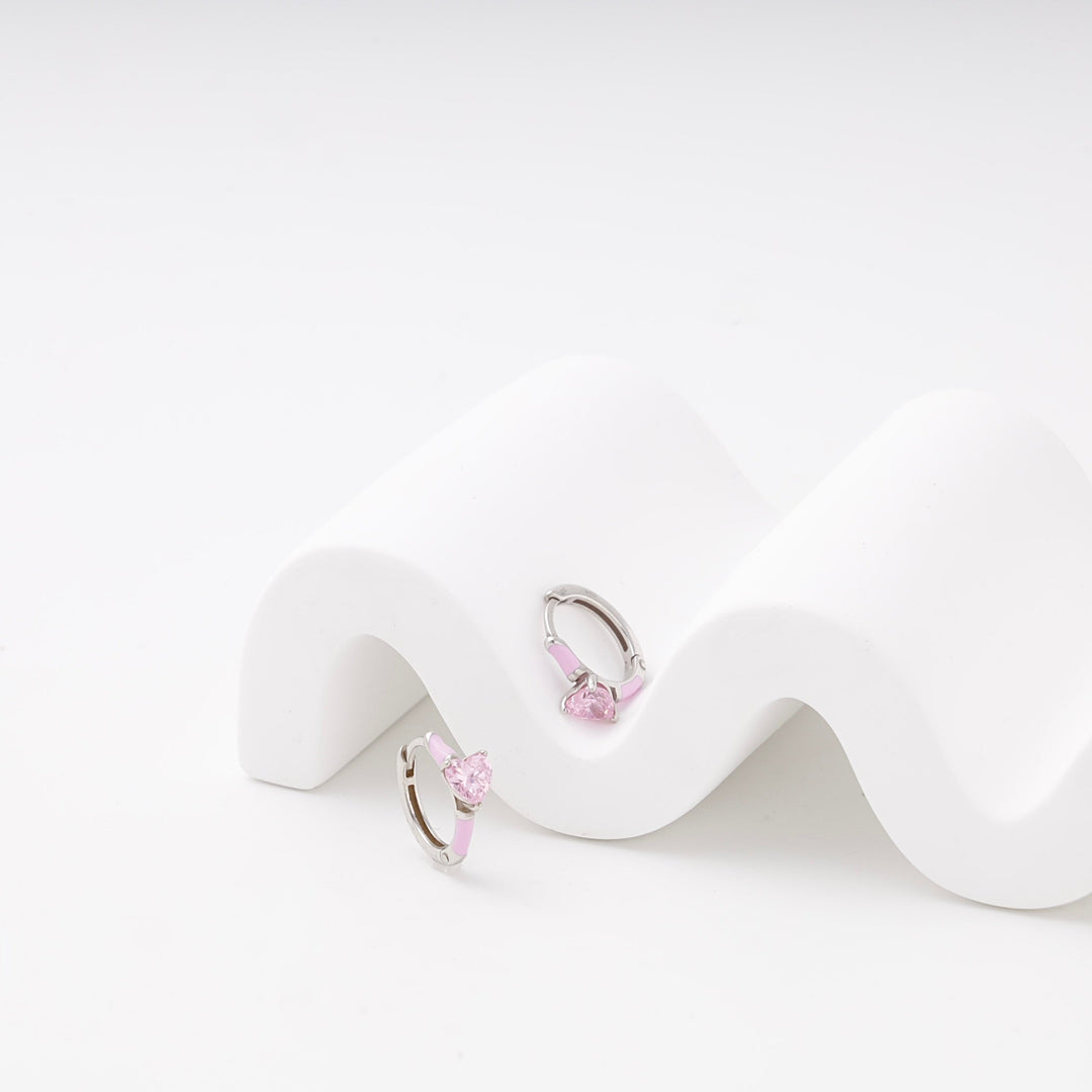 Silver 925 Huggie Earrings with Pink Heart Cubic Zirconia and Enamel | Ukrainian Jewelry