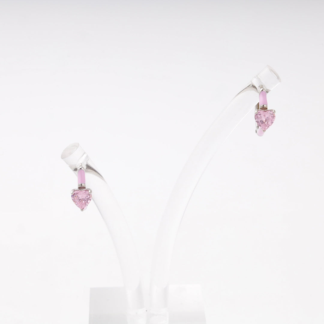 Silver 925 Huggie Earrings with Pink Heart Cubic Zirconia and Enamel | Ukrainian Jewelry