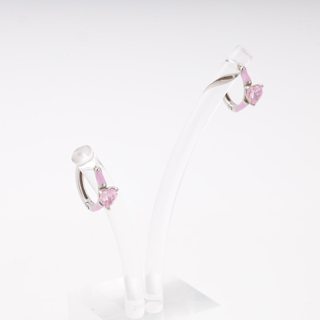 Silver 925 Huggie Earrings with Pink Heart Cubic Zirconia and Enamel | Ukrainian Jewelry