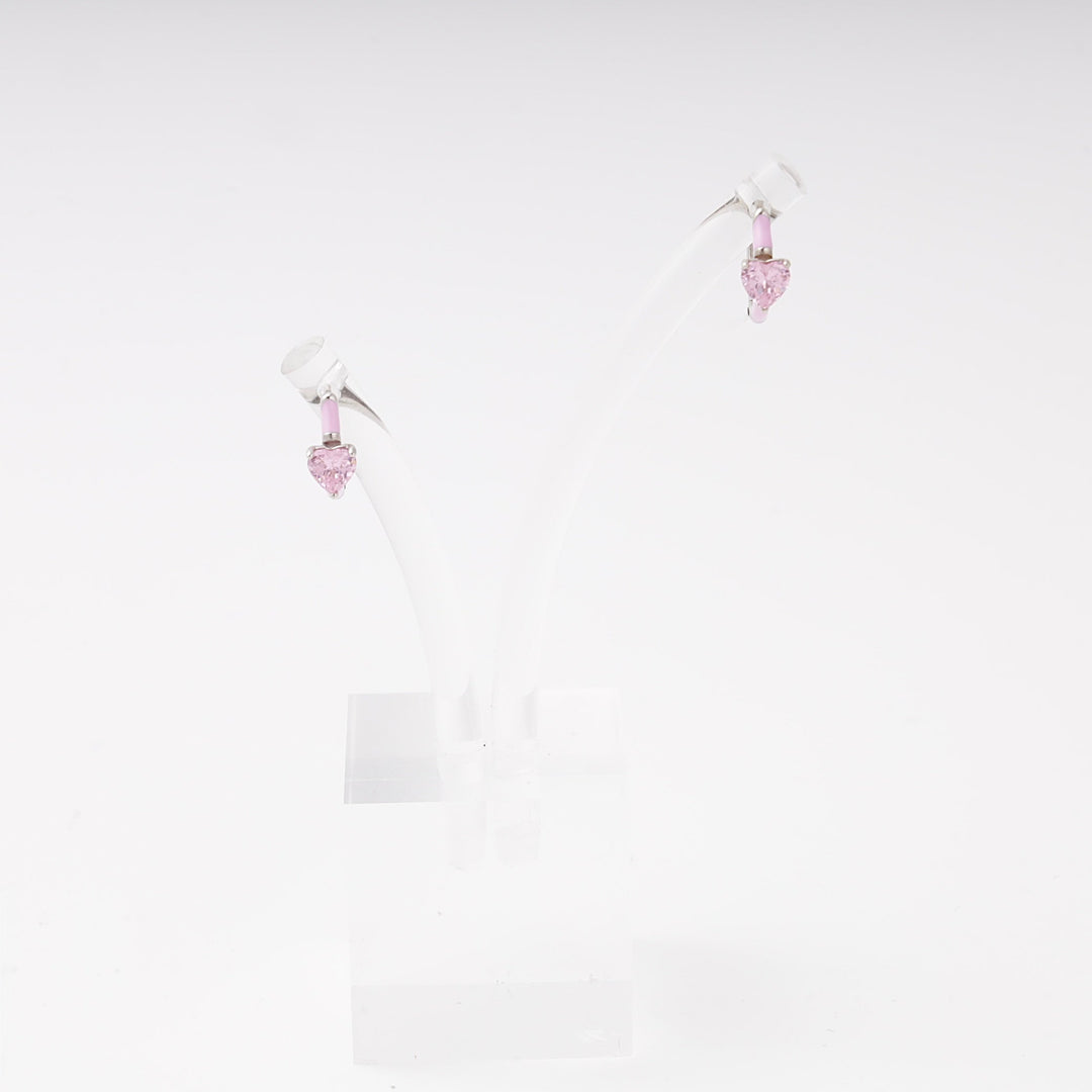 Silver 925 Huggie Earrings with Pink Heart Cubic Zirconia and Enamel | Ukrainian Jewelry