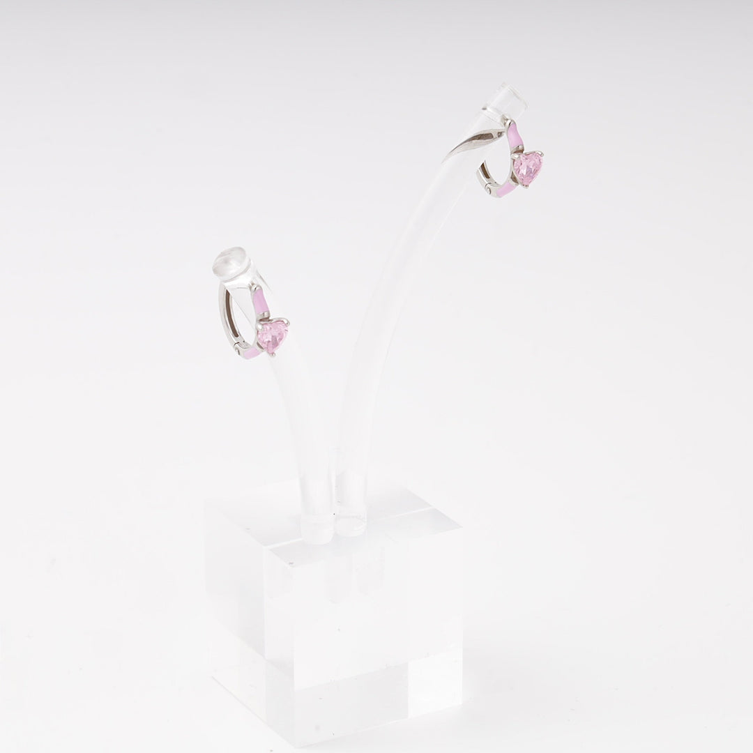 Silver 925 Huggie Earrings with Pink Heart Cubic Zirconia and Enamel | Ukrainian Jewelry