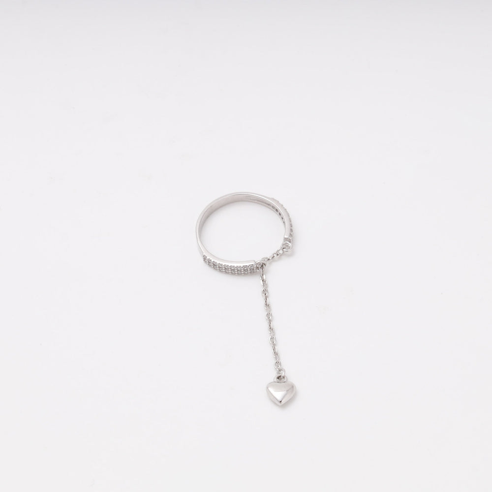 Silver 925 CZ Ring with Dangling Chain and Heart Charm | Ukrainian Jewelry