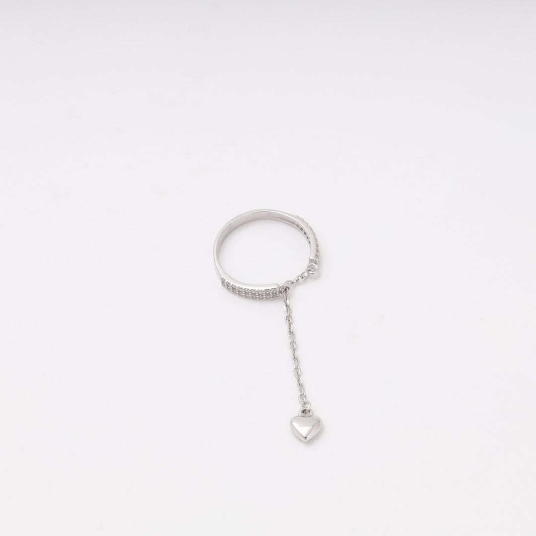 Silver 925 CZ Ring with Dangling Chain and Heart Charm | Ukrainian Jewelry