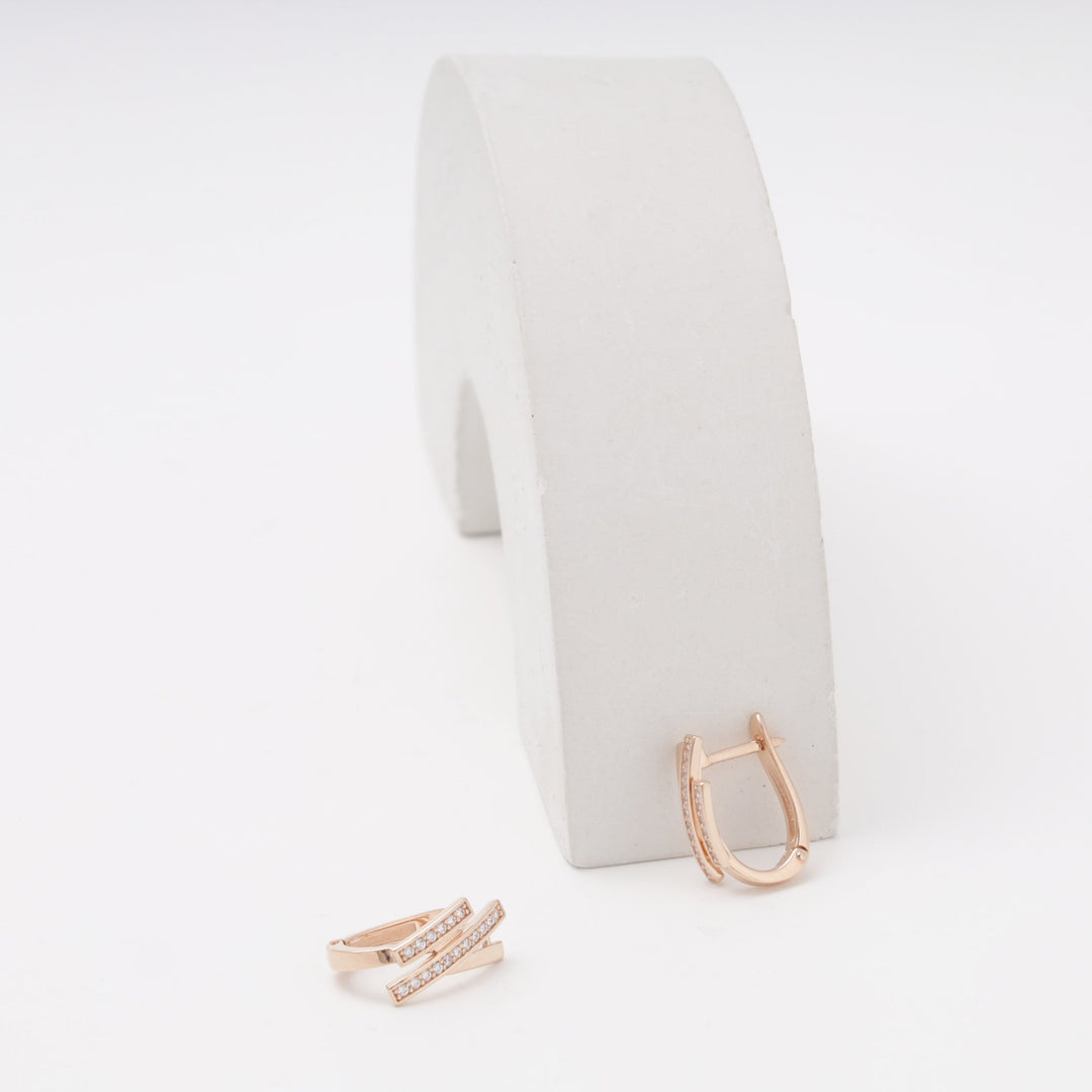 Rose Gold 585 Double Bar Earrings with CZ Pavé | Ukrainian Jewelry