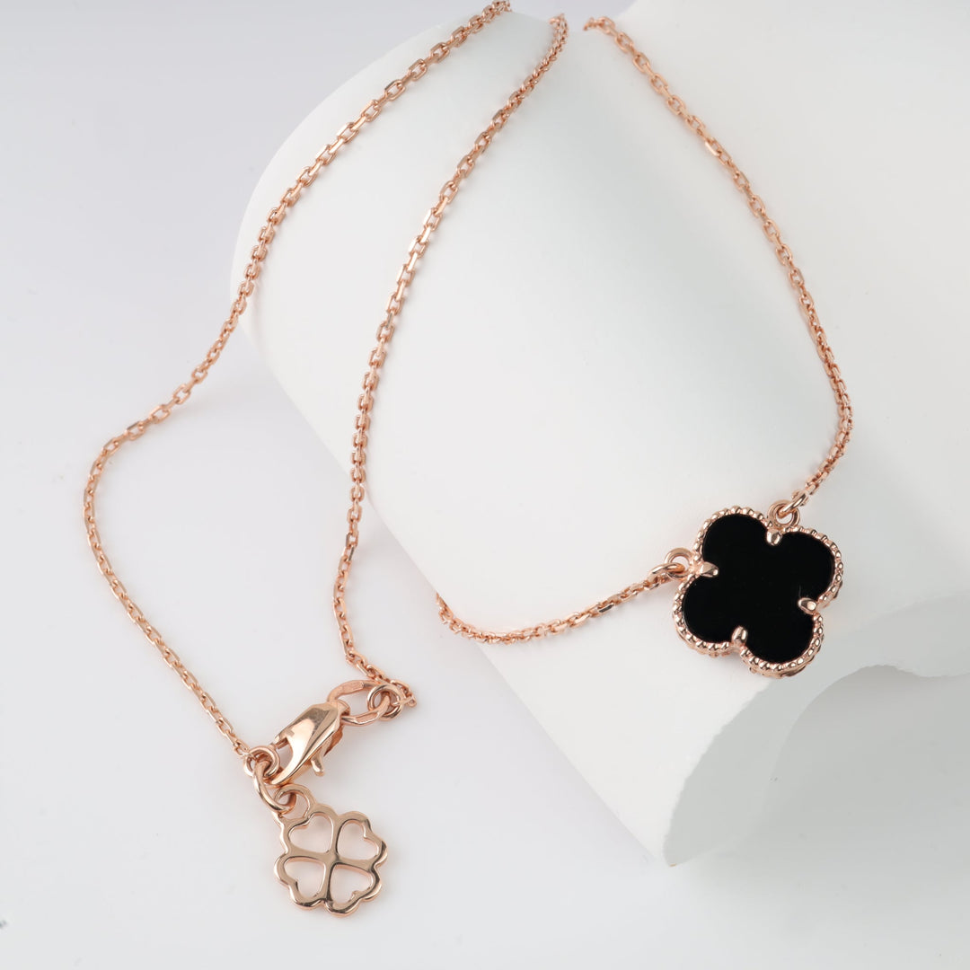 Black Onyx Clover Pendant Necklace 14K (585) Rose Gold | Ukrainian Jewelry