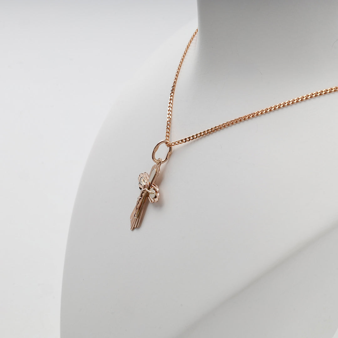 14K rose gold crucifix cross, front detail