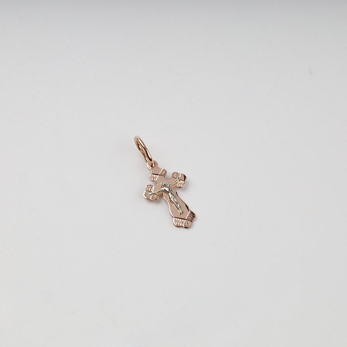 Two-Tone Gold 14K (585) Engraved Orthodox Crucifix Pendant | Ukrainian Jewelry