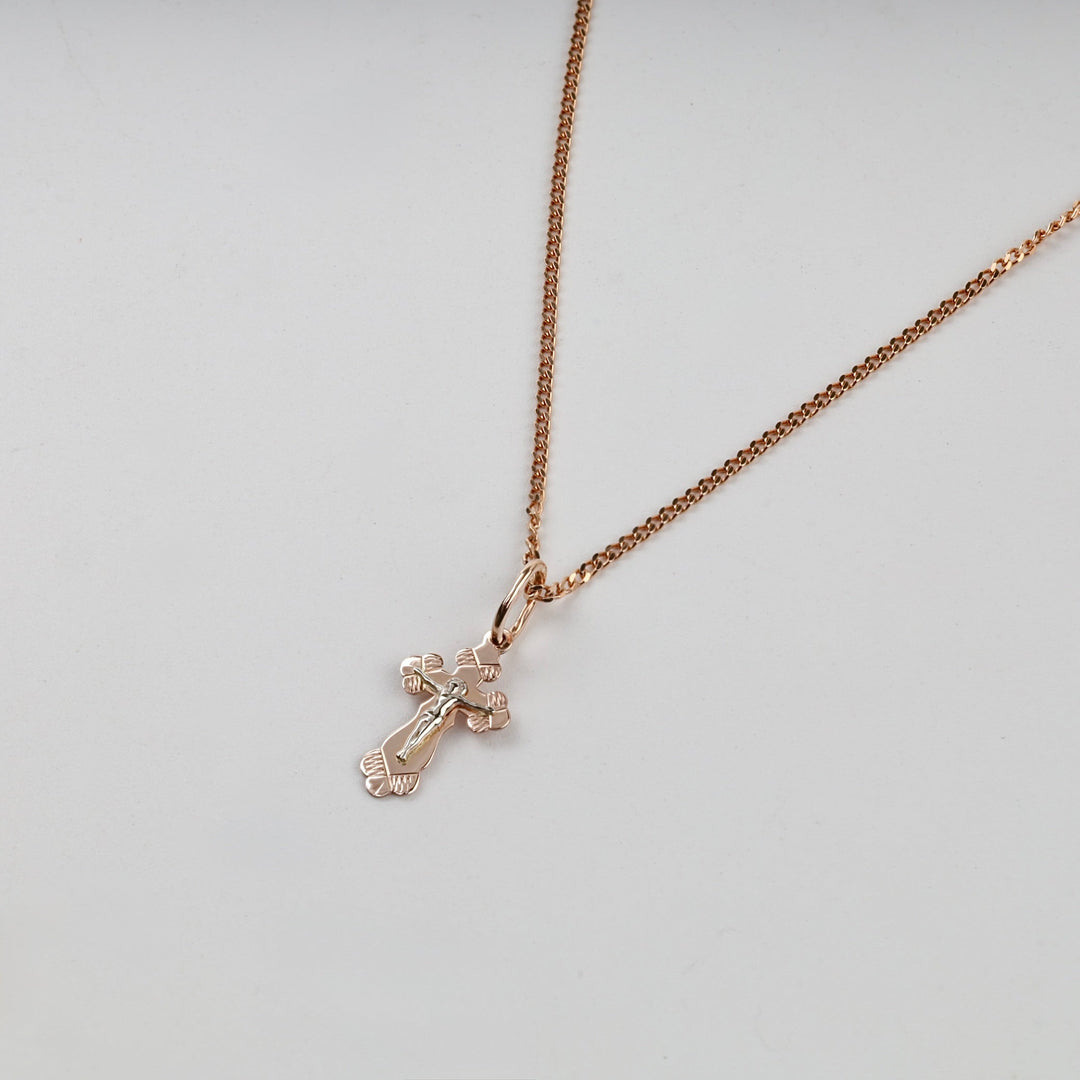 Two-Tone Gold 14K (585) Engraved Orthodox Crucifix Pendant | Ukrainian Jewelry