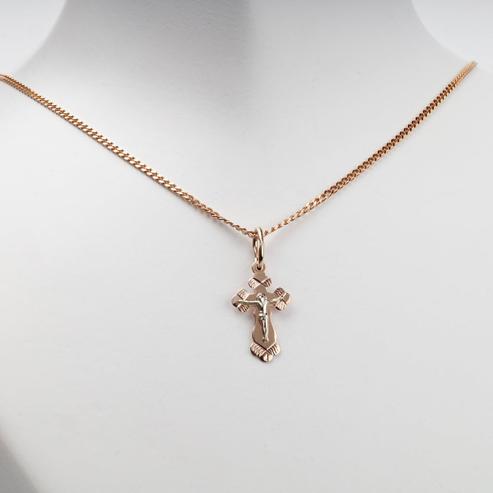 Two-Tone Gold 14K (585) Engraved Orthodox Crucifix Pendant | Ukrainian Jewelry