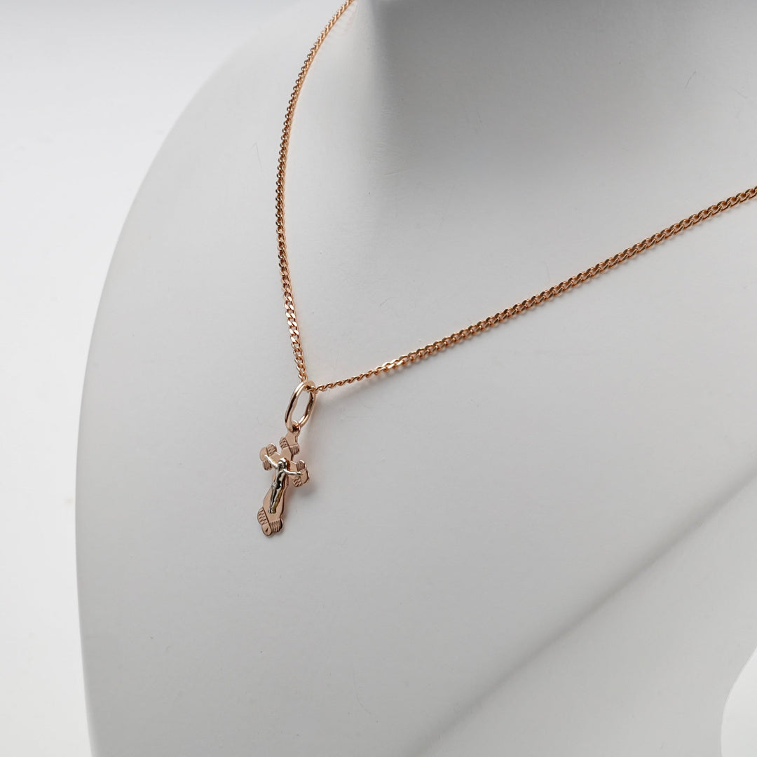 Two-Tone Gold 14K (585) Engraved Orthodox Crucifix Pendant | Ukrainian Jewelry