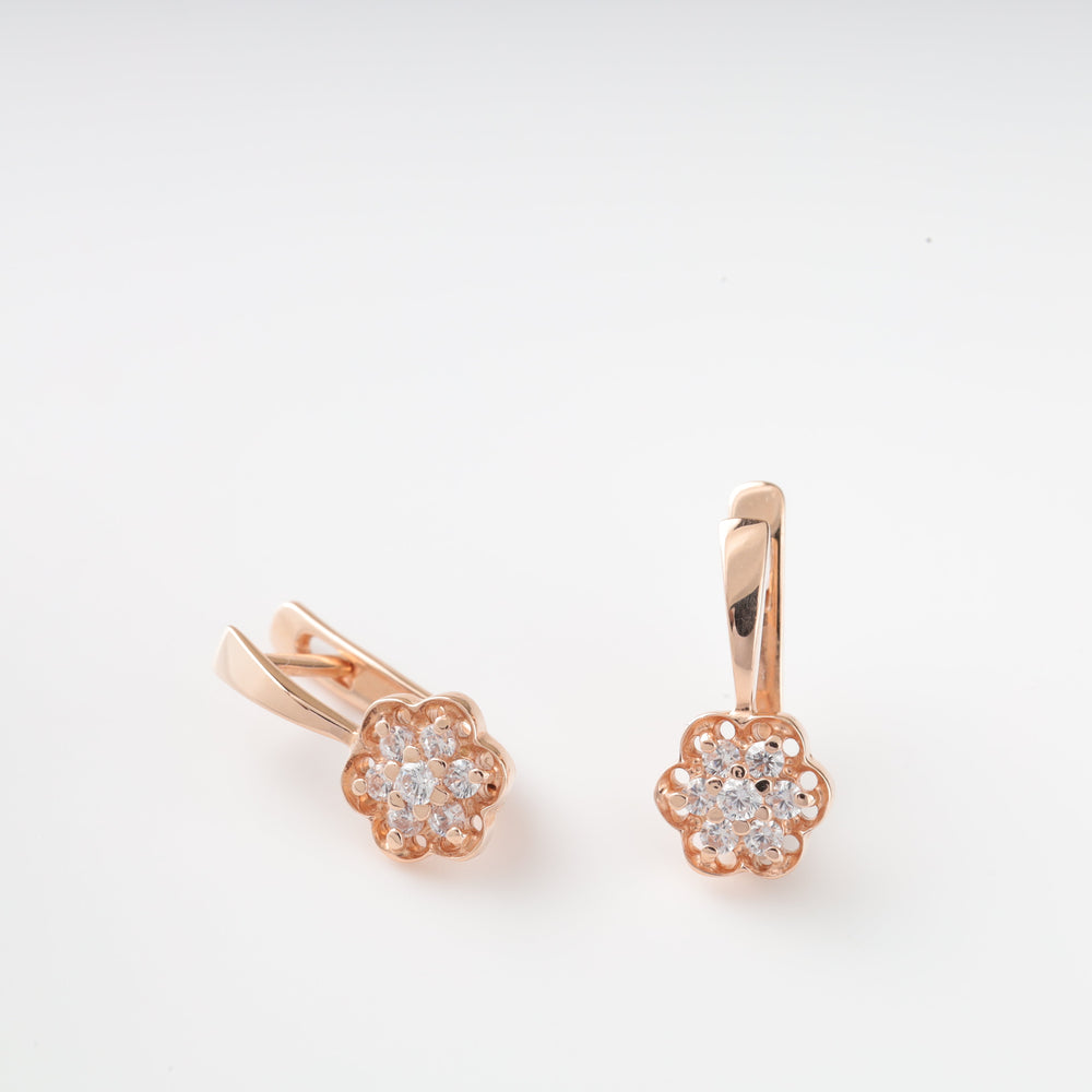 Rose Gold 585 Flower Cluster Earrings with Cubic Zirconia | Ukrainian Jewelry