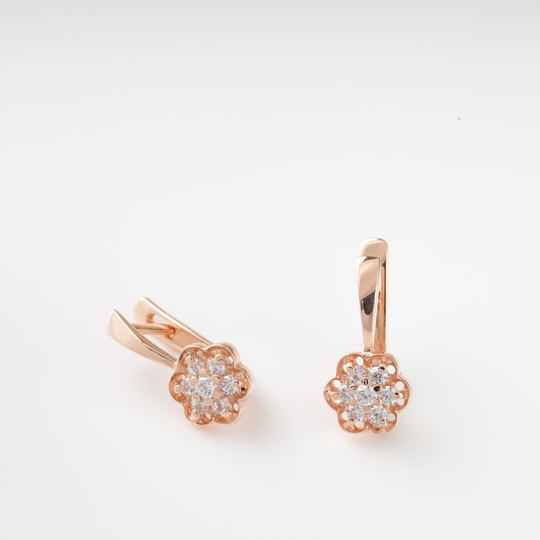 Rose Gold 585 Flower Cluster Earrings with Cubic Zirconia | Ukrainian Jewelry