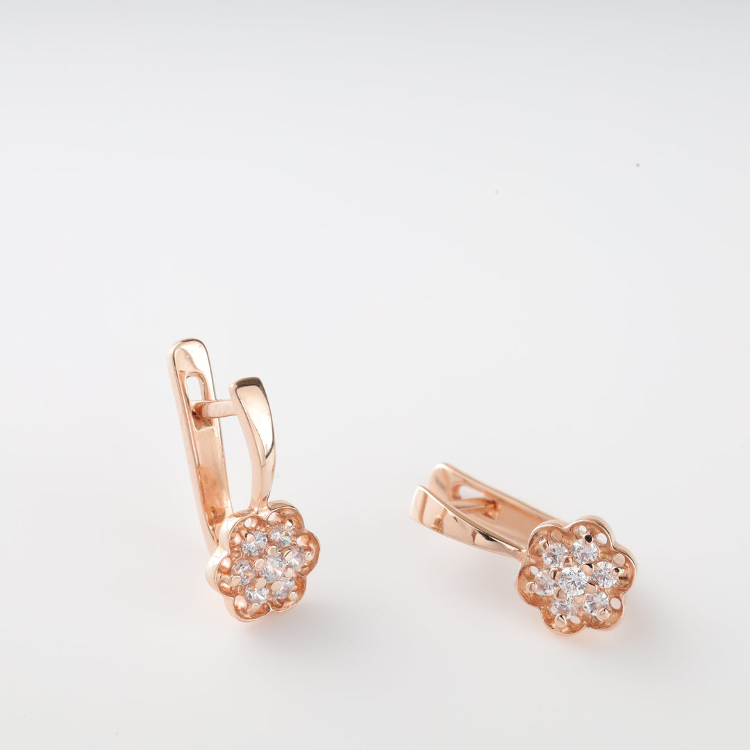 Rose Gold 585 Flower Cluster Earrings with Cubic Zirconia | Ukrainian Jewelry