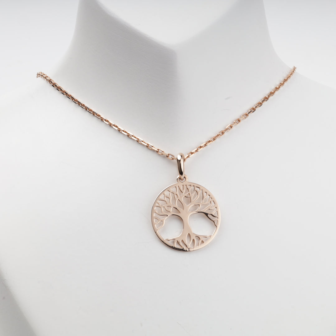 14K rose gold tree of life pendant, detail of the branches and roots