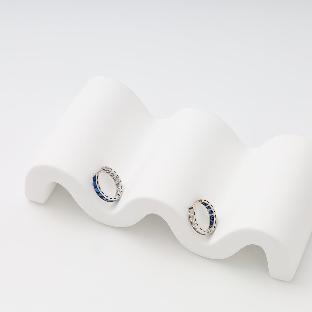 White Gold 585 Huggie Earrings with Blue and White Cubic Zirconia | Ukrainian Jewelry